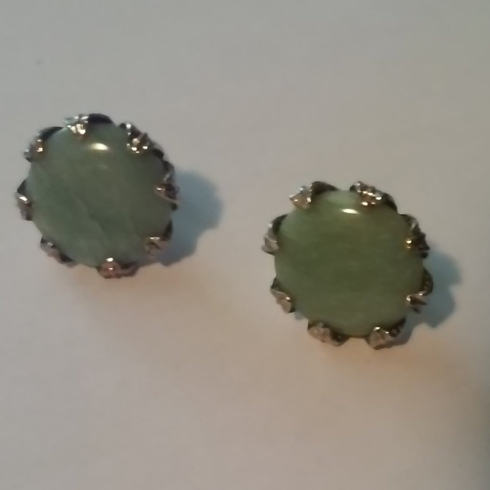 Earrings Screw On Light Green and Silver Approx 1" Across